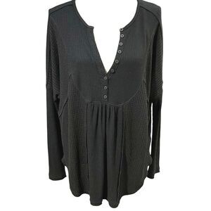 Free People Black Leo Henley Thermal Top Sz S Slouchy Layers Bohemian Lagenlook